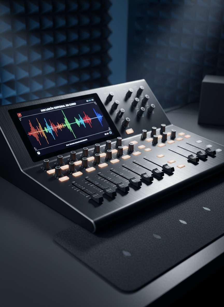 A close-up of a high-end digital audio mixer and podcast console, its brushed metal surface and backlit sliders meticulously arranged, with colorful level meters dancing across a built-in screen displaying a waveform of an ongoing editorial discussion in Spanish. The console sits on a charcoal-gray acoustic desk panel, with sound-absorbing wall textures in the softly blurred background. Cool, directional overhead lighting casts precise highlights on the knobs and faders, emphasizing their tactile textures and creating subtle, elongated shadows. Photographic realism with a clean, modern style. Shot from a slightly angled top-down perspective, the composition uses the rule of thirds to lead the eye from the glowing meters to the waveform, conveying a focused, professional, and trustworthy multimedia storytelling atmosphere.